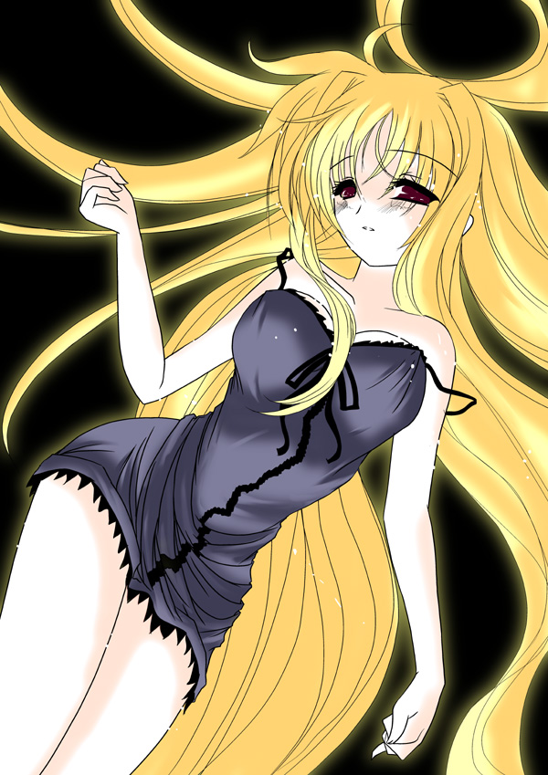 frapowa, fate testarossa, lyrical nanoha, mahou shoujo lyrical nanoha, mahou shoujo lyrical nanoha strikers, eyebrows, 00s, 1girl, bare shoulders, black background, blonde hair, breasts, chemise, cleavage, collarbone, female focus, head tilt, long hair, looking at viewer, off shoulder, simple background, solo, spaghetti strap, strap slip, very long hair