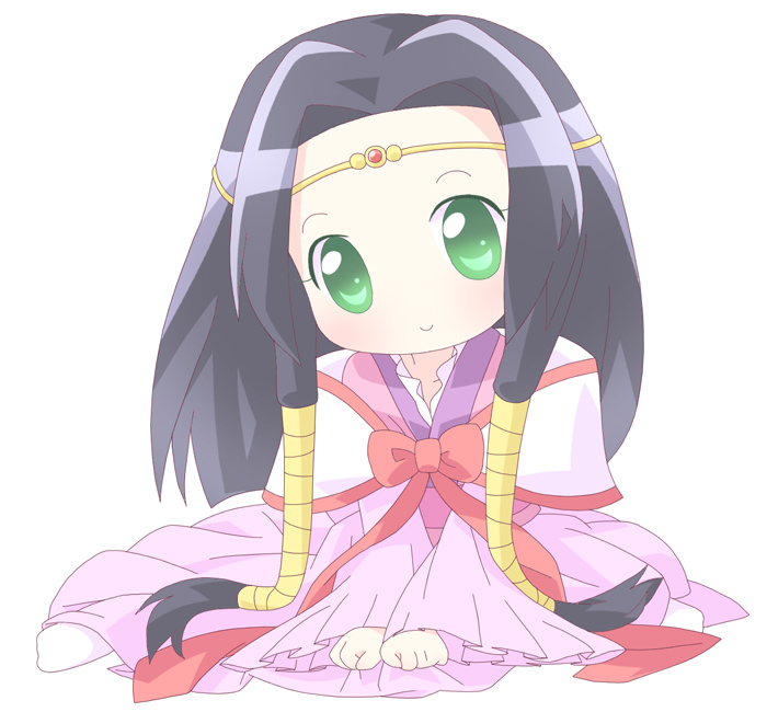 mirai (sugar), sumeragi kaguya, code geass, 00s, 1girl, black hair, bow, bowtie, capelet, chibi, dress, female focus, full body, green eyes, long hair, long sleeves, looking at viewer, pink dress, red bow, red bowtie, sidelocks, simple background, solo, white background