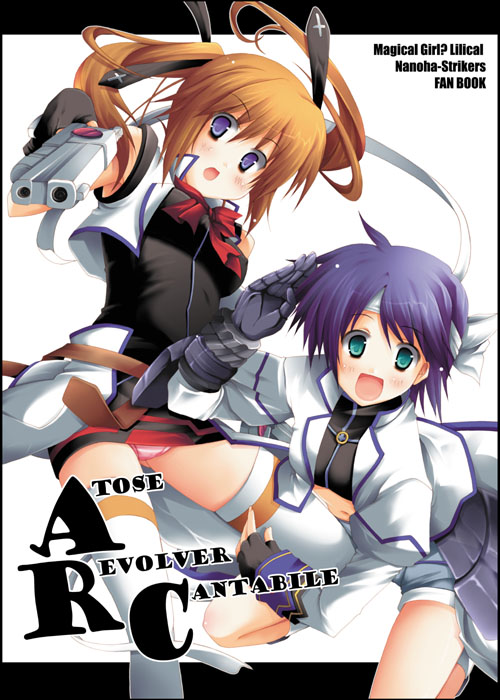 utsurogi angu, cross mirage, revolver knuckle, subaru nakajima, teana lanster, lyrical nanoha, mahou shoujo lyrical nanoha, mahou shoujo lyrical nanoha strikers, 00s, 2girls, gloves, gun, magical girl, midriff, multiple girls, salute, single gauntlet, thighhighs, twintails, waist cape, weapon