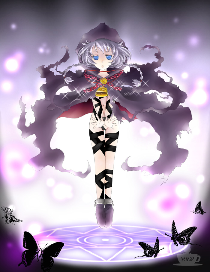 minyo, curse maker, curse maker 2, atlus, etrian odyssey, silver hair, 1girl, bell, blue eyes, braid, bug, butterfly, cape, chain, cloak, cuffs, female focus, hood, insect, magic circle, naked cape, naked cloak, naked ribbon, nude, ribbon, solo