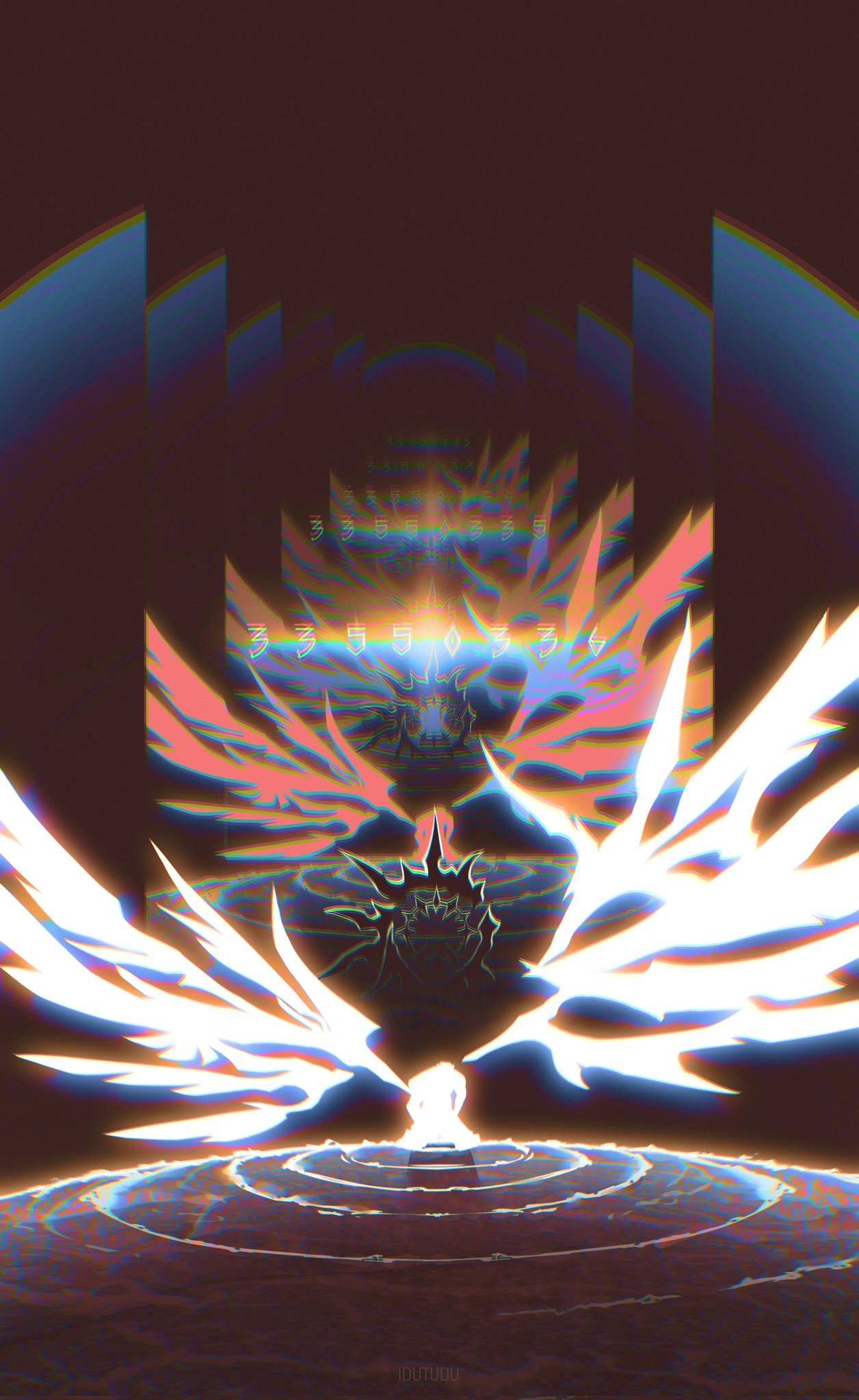 idutudu, phainon (honkai: star rail), honkai: star rail, honkai (series), highres, 1other, chromatic aberration, from behind, full body, glowing, halo, heavy chromatic aberration, kneeling, oversized wings, recursion, ripples, spiked halo, white wings, wings, zoom layer