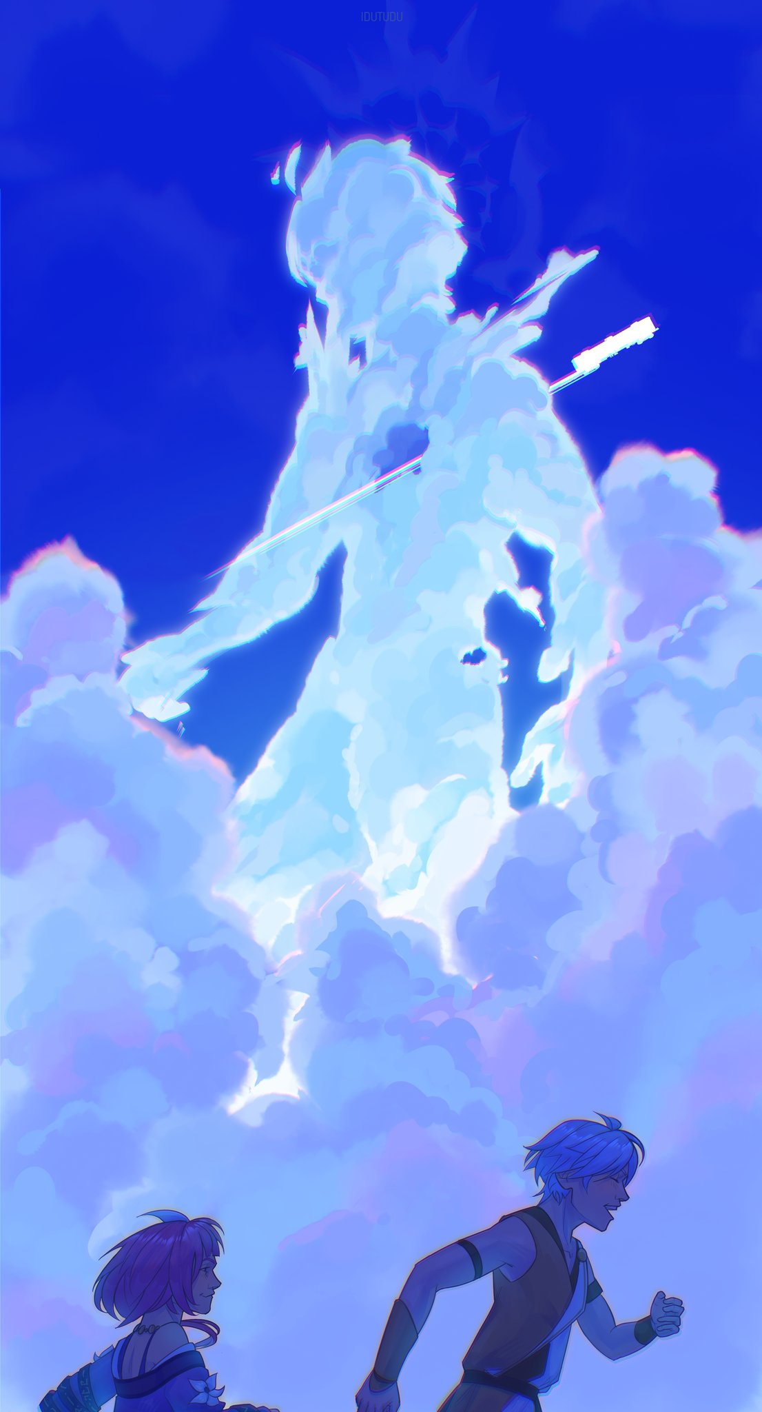 idutudu, cyrene (honkai: star rail), phainon (honkai: star rail), honkai: star rail, honkai (series), character request, highres, 1boy, 1girl, blue hair, blue theme, bra strap, cloud, cloudy sky, cowboy shot, day, dress, hole in chest, hole on body, impaled, open mouth, outdoors, pink hair, running, shaped cloud, shirt, short hair, sky, sky focus, train, vest, white shirt, yellow vest