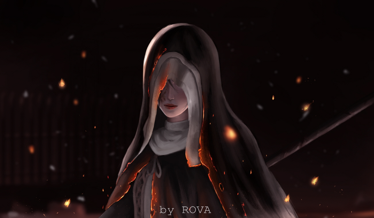 deardd, sister friede, dark souls (series), dark souls iii, 1girl, black hood, cloak, closed mouth, covered eyes, dark, dress, holding, holding scythe, holding weapon, long hair, nun, scythe, solo, soul, weapon