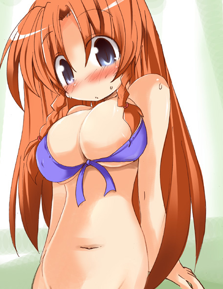 shirogane (platinum), hong meiling, touhou, 1girl, bikini, bikini top only, bottomless, breasts, female focus, purple bikini, solo, swimsuit