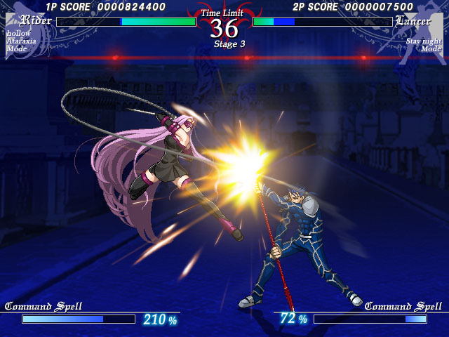 cu chulainn (fate), cu chulainn (fate/stay night), cu chulainn (lancer) (fate), medusa (fate), medusa (rider) (fate), fate/stay night, fate (series), 00s, 1boy, 1girl, april fools, battle, blindfold, blue hair, chain, fake screenshot, gae bolg (fate), heads-up display, health bar, long hair, nameless dagger (fate), polearm, ponytail, purple hair, road, skin tight, spear, street, thighhighs, user interface, weapon