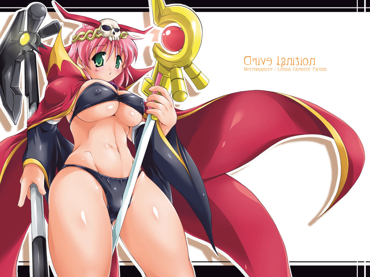 dual beat, yukitaka, bardiche (assault form) (nanoha), bardiche (nanoha), lenna charlotte tycoon, necromancer (final fantasy), raising heart, raising heart (accel mode), final fantasy, final fantasy v, 1990s (style), 1girl, axe, bikini, black bikini, borrowed weapon, breasts, cameltoe, cape, cleavage, covered erect nipples, detached sleeves, female focus, green eyes, necromancer, pink hair, retro artstyle, solo, staff, swimsuit, weapon