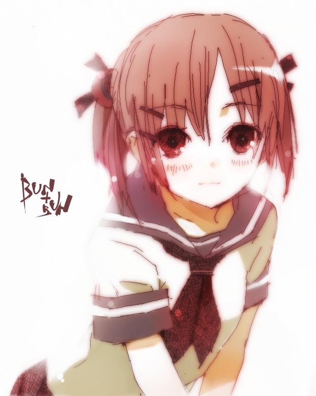 bunbun, original, 1girl, brown eyes, brown hair, female focus, hair ornament, hairpin, leaning forward, lens flare, school uniform, serafuku, solo, twintails