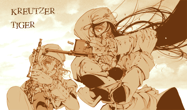 endou okito, original, 2girls, belt, black hair, braid, cloud, firing, floating hair, frills, frown, gloves, goggles, goggles around neck, gradient background, gun, handgun, hat, holding, holding gun, holding weapon, long hair, long sleeves, looking at viewer, mauser c96, monochrome, multiple girls, outdoors, pistol, shell casing, sky, text focus, twin braids, twintails, upper body, very long hair, weapon, wind