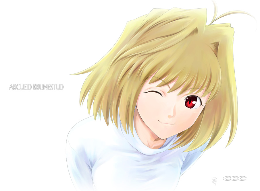 shirotsumekusa, arcueid brunestud, tsukihime, 00s, 1girl, ;), antenna hair, blonde hair, close-up, closed mouth, female focus, hair intakes, one eye closed, portrait, red eyes, short hair, simple background, smile, solo, sweater, upper body, white background