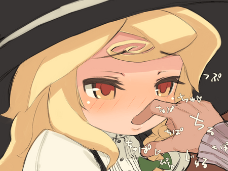 mota, kirisame marisa, touhou, lowres, 1girl, blonde hair, blush, female focus, finger in another's mouth, finger in own mouth, hat, orange eyes, solo, witch, witch hat, yellow eyes