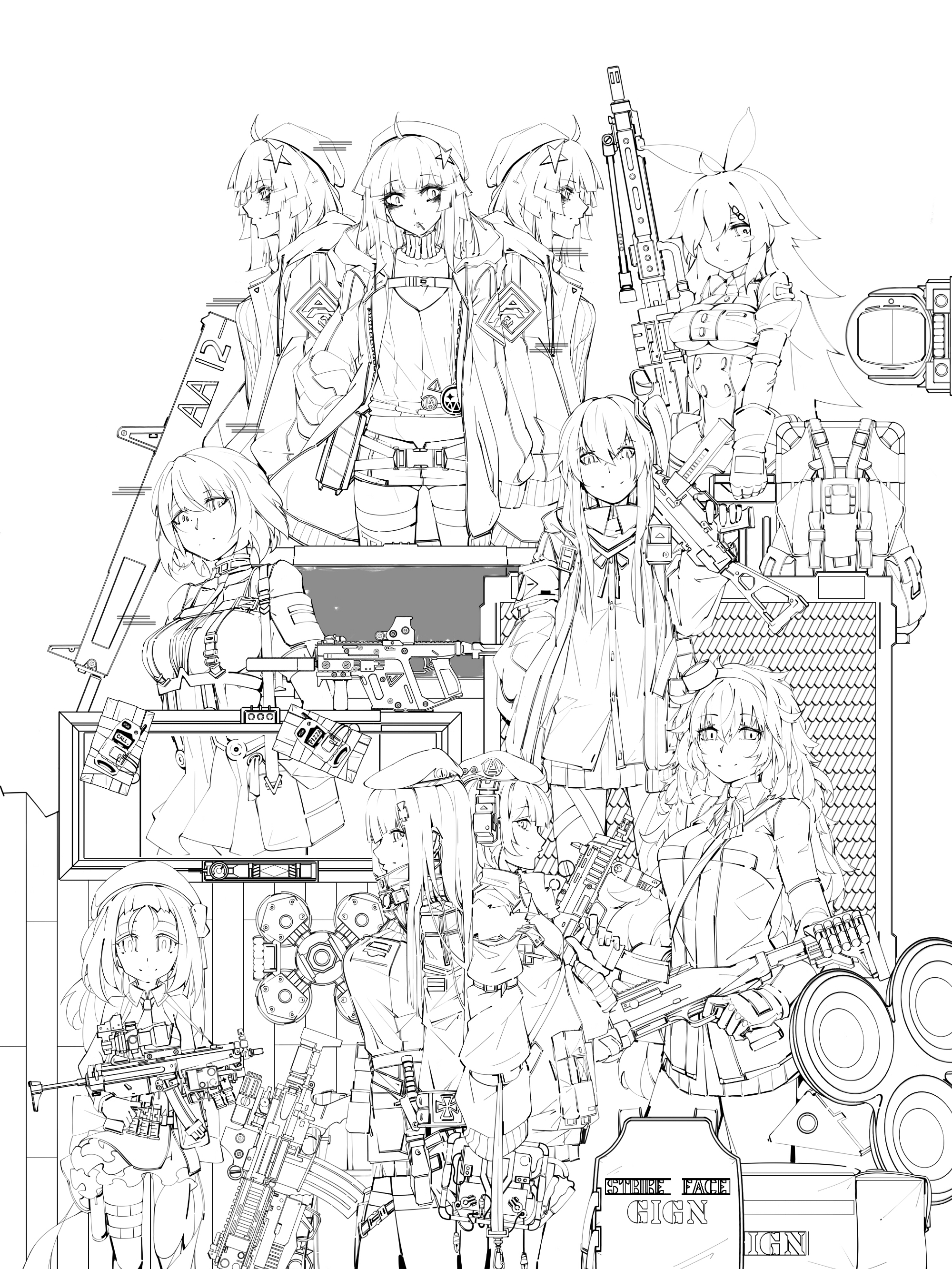 ameli (girls' frontline), hk416 (girls' frontline), mp5 (girls' frontline), mp7 (girls' frontline), s.a.t.8 (girls' frontline), ump45 (girls' frontline), vector (girls' frontline), girls' frontline, absurdres, highres, 6+girls, aa-12, assault rifle, beret, cetme ameli, fabarm sat-8, gun, h&k hk416, h&k mp5, h&k mp7, hat, holding, holding gun, holding weapon, jiaoliao509, kriss vector, long hair, machine gun, monochrome, multiple girls, rifle, scar, scar on face, shotgun, submachine gun, weapon
