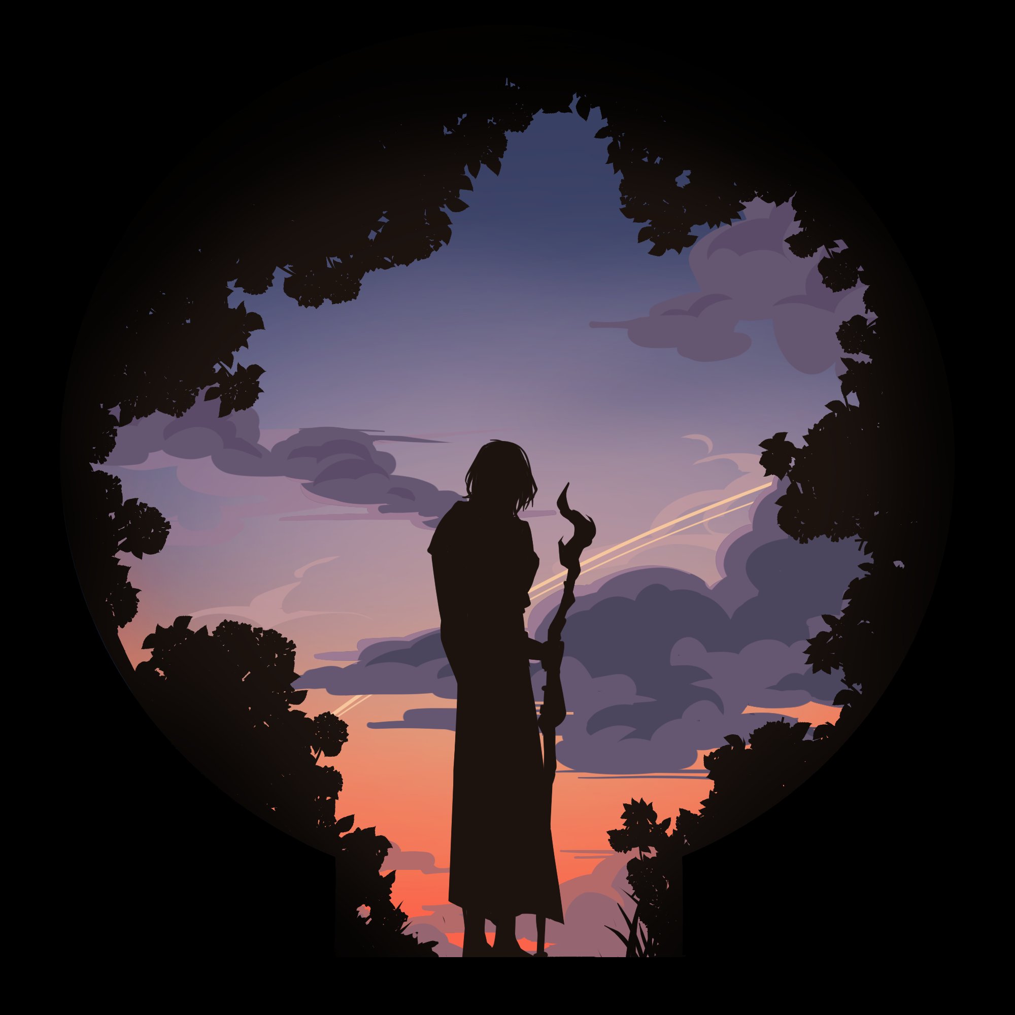 idutudu, viktor (arcane), viktor (league of legends), arcane: league of legends, league of legends, highres, 1other, black hair, bush, cane, cloak, cloud, cloudy sky, contrail, dark foreground, from behind, full body, grass, messy hair, official alternate costume, outdoors, short hair, silhouette, sky, solo, standing, sunset