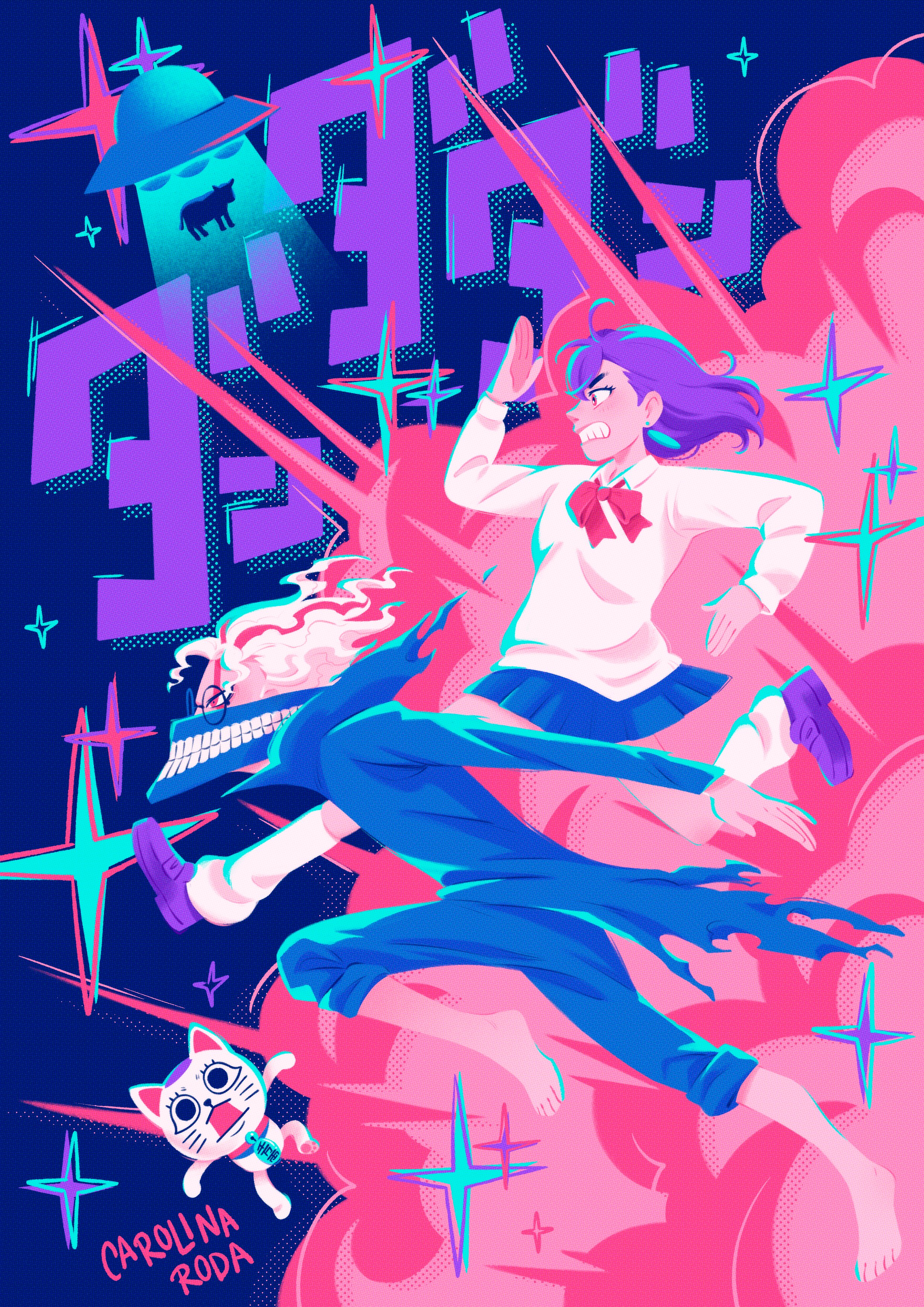 ayase momo, takakura ken (dandadan), takakura ken (transformed) (dandadan), turbo granny (dandadan), dandadan, absurdres, commentary, highres, symbol-only commentary, 1boy, 1girl, 2boys, 2girls, artist name, barefoot, black jacket, black pants, bow, bowtie, carolina roda, cow, earrings, explosion, from side, full body, gakuran, glasses, jacket, jewelry, jumping, kami high school uniform, long sleeves, loose socks, maneki-neko, mask, miniskirt, mouth mask, multiple boys, multiple girls, pants, pink sweater, pleated skirt, profile, purple hair, red bow, red bowtie, round eyewear, school uniform, shoes, short hair, skirt, socks, sparkle, sweater, tractor beam, transformation, ufo, white hair, white socks