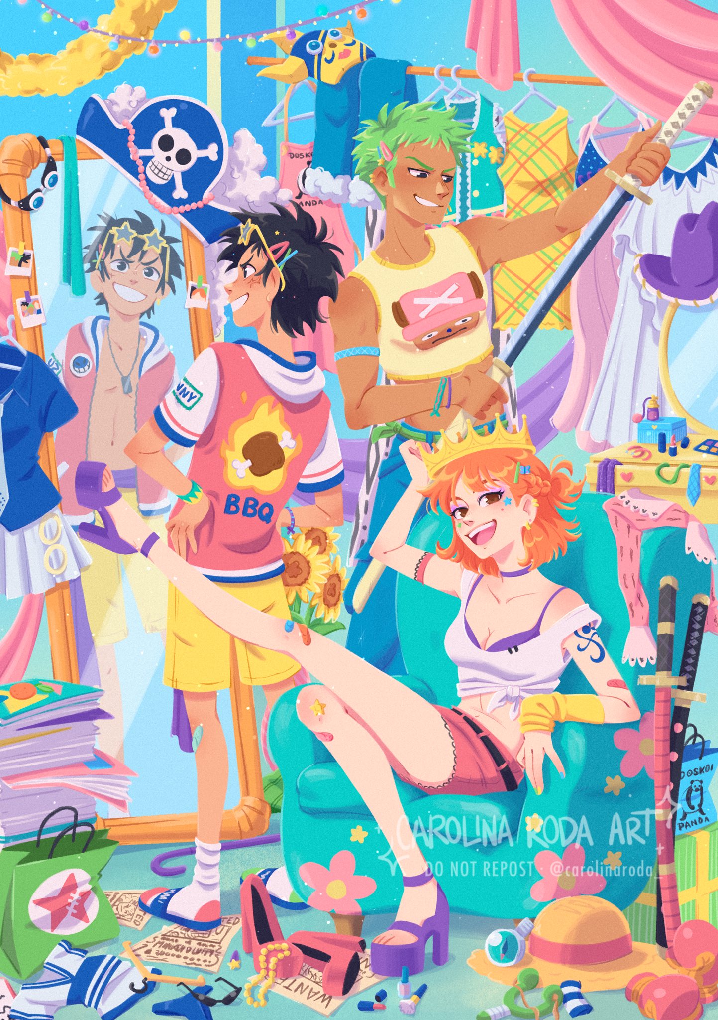 monkey d. luffy, nami (one piece), roronoa zoro, sogeking, tony tony chopper, usopp, one piece, commentary, highres, symbol-only commentary, 1girl, 2boys, alternate costume, artist name, bandaid, bandaid on knee, bandaid on leg, bare shoulders, black hair, blue pants, bra, breasts, carolina roda, character print, choker, cleavage, crown, dark-skinned male, dark skin, earrings, eyeshadow, eyewear on head, facial mark, flower, full body, gold crown, green hair, grin, hair ornament, hairclip, hat, high heels, holding, holding sword, holding weapon, hood, hood down, hoodie, jewelry, katana, leg up, legs, log pose, looking at mirror, makeup, mask, medium breasts, midriff, miniskirt, mirror, multiple boys, open mouth, orange hair, pants, pink skirt, print shirt, purple bra, purple choker, purple eyeshadow, purple shoes, sandals, shirt, shoes, short hair, short sleeves, shorts, shoulder tattoo, sitting, skirt, smile, socks, standing, star-shaped eyewear, star (symbol), straw hat, straw hat pirates, sunflower, sword, tank top, tattoo, tied shirt, underwear, unworn hat, unworn headwear, unworn mask, weapon, white shirt, white socks, yellow shorts
