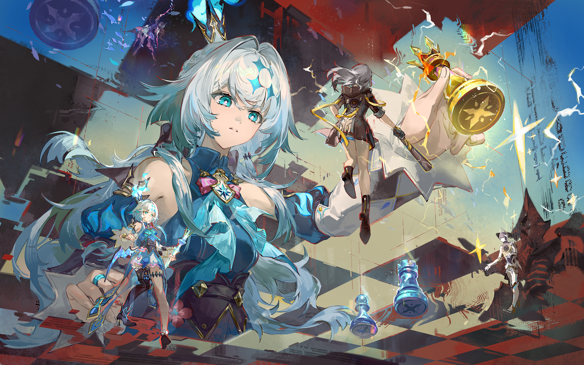 qingming tiaohetu, cerydra (honkai: star rail), hysilens (honkai: star rail), lygus (honkai: star rail), stelle (honkai: star rail), trailblazer (honkai: star rail), honkai: star rail, honkai (series), highres, second-party source, 1boy, 3girls, blue eyes, bright pupils, chess piece, crown, floating hair, grey hair, holding, holding chess piece, jewelry, long hair, mini crown, mini person, multiple girls, parted lips, ring, very long hair, white pupils