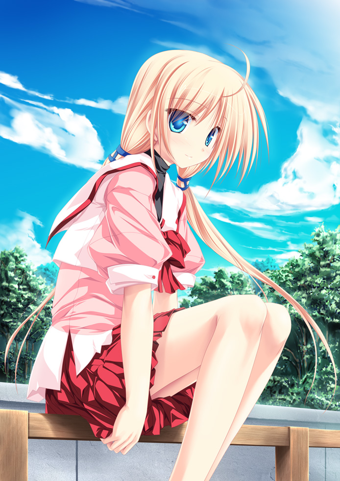 tenmaso, tierra moreni, primitive link, 1girl, ahoge, blonde hair, blue eyes, bow, cloud, day, female focus, long hair, low twintails, rail, railing, school uniform, serafuku, sitting, sky, smile, solo, twintails