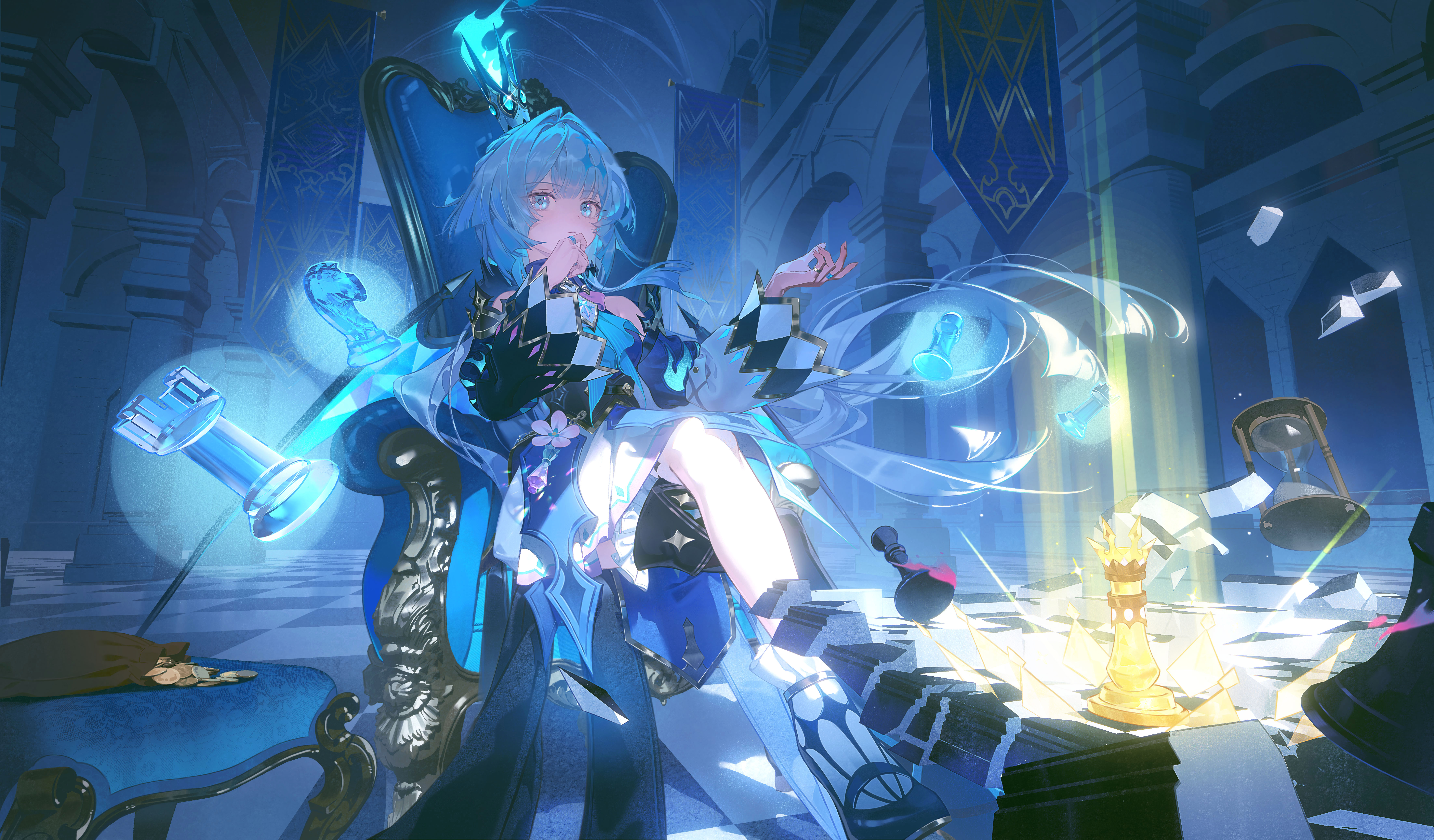 zhongjin, cerydra (honkai: star rail), honkai: star rail, honkai (series), absurdres, highres, second-party source, 1girl, asymmetrical legwear, asymmetrical sleeves, black thighhighs, blue dress, blue eyes, chess piece, closed mouth, couch, crossed legs, crown, dress, grey hair, indoors, king (chess), long hair, long sleeves, looking at viewer, mini crown, mismatched legwear, mismatched sleeves, on couch, sitting, socks, solo, thighhighs, white socks