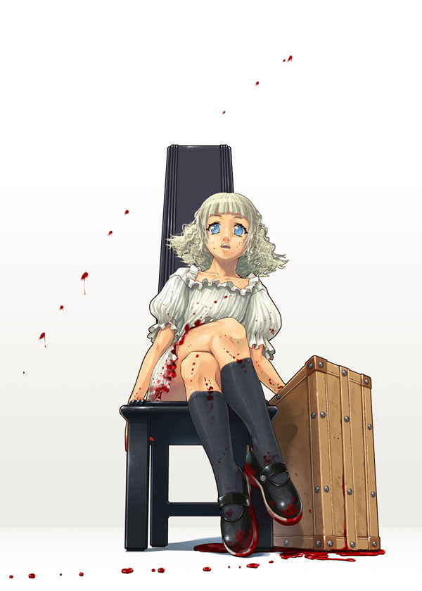 asaki takayuki, original, 1girl, blood, blood on face, blue eyes, female focus, kneehighs, socks, solo, white hair