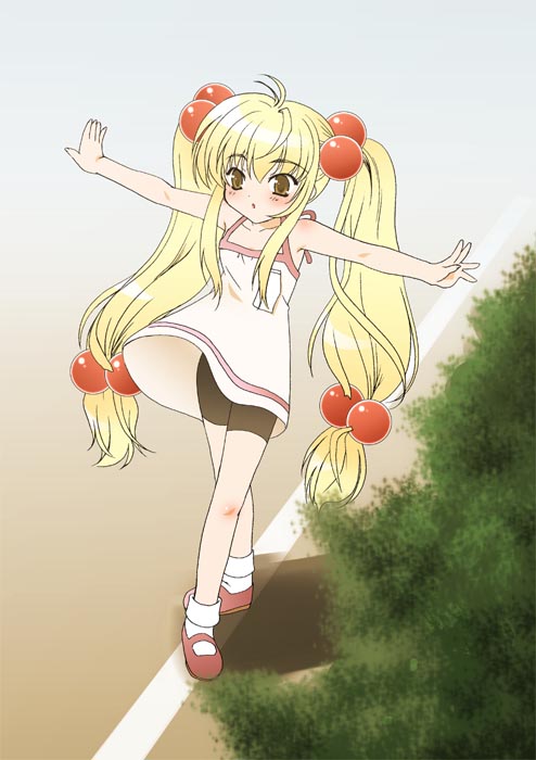 kokonoe rin, kodomo no jikan, 00s, 1girl, antenna hair, armpits, balancing, bare shoulders, bike shorts, blonde hair, child, collarbone, dress, female focus, hair bobbles, hair ornament, long hair, low-tied long hair, mary janes, outstretched arms, shoes, sleeveless, sleeveless dress, solo, sphere hair ornament, sundress, twintails, upskirt, white dress, wind, wind lift