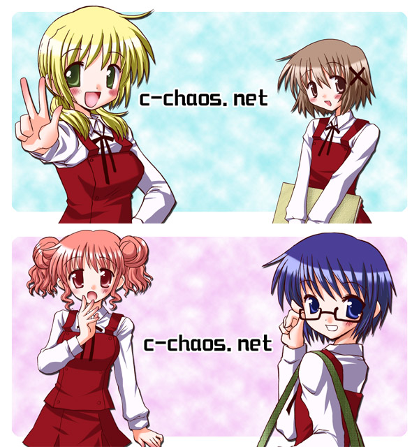 c-chaos, hiro (hidamari sketch), miyako (hidamari sketch), sae (hidamari sketch), yuno (hidamari sketch), hidamari sketch, 00s, 4girls, :d, bag, blonde hair, blue eyes, blue hair, blush, brown eyes, brown hair, double bun, female focus, glasses, hair bun, hair ornament, hairclip, looking at viewer, multiple girls, open mouth, pink hair, red eyes, red hair, school uniform, short hair, sketchbook, skirt, smile, v, yamabuki high school uniform, yellow eyes
