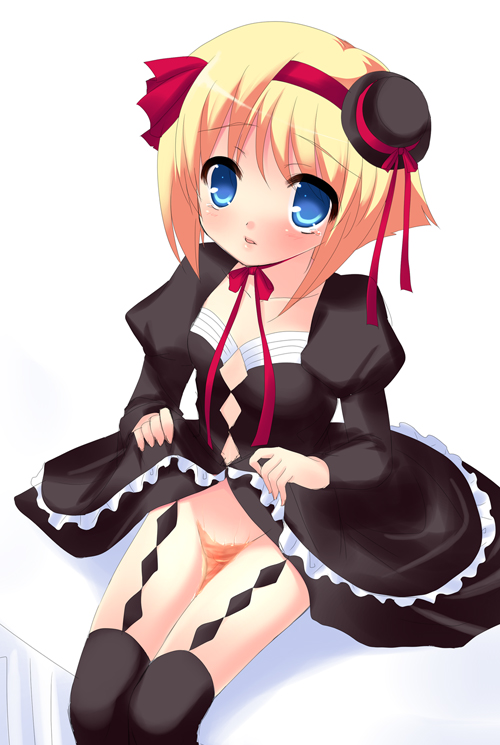 yukizuki chikuba, odoodo funny, alice parade, 1girl, clothes lift, female focus, no panties, skirt, skirt lift, solo, thighhighs, wakamezake