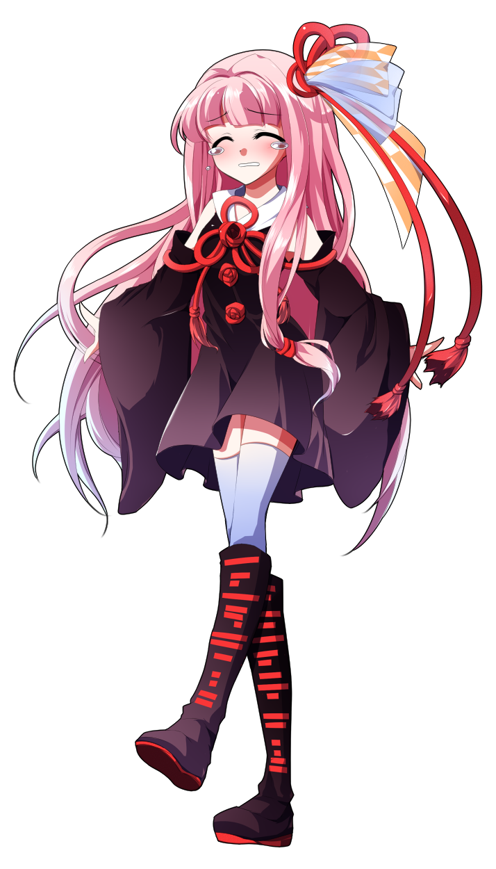 dairi, kotonoha akane, voiceroid, commentary request, highres, large variant set, variant set, 1girl, ^ ^, a-pose, bare shoulders, black dress, blue thighhighs, blunt bangs, blush, boots, closed eyes, detached sleeves, dress, facing viewer, flat chest, floating hair, flower, full body, gradient boots, gradient clothes, gradient dress, gradient hair, gradient thighhighs, hair tubes, knee boots, long hair, long sleeves, multicolored boots, multicolored hair, neck ribbon, open mouth, pink hair, purple boots, purple dress, purple hair, red boots, red ribbon, ribbon, rose, short dress, simple background, solo, standing, tachi-e, tearing up, thighhighs, transparent background, white thighhighs, wide sleeves, zettai ryouiki