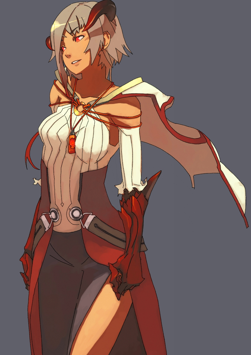 guuuu tarara, original, silver hair, 1girl, androgynous, bare shoulders, cowboy shot, dark-skinned female, dark skin, fantasy, female focus, gem, grey background, holding, holding sword, holding weapon, horns, jewelry, looking afar, necklace, pendant, red eyes, short hair, simple background, solo, standing, sword, unsheathed, weapon