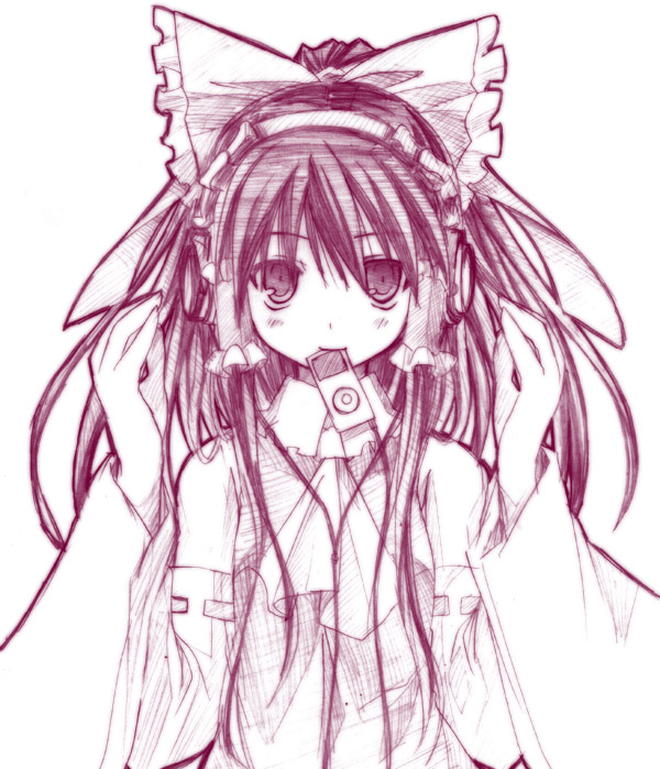 yuuki eishi, hakurei reimu, touhou, 1girl, blouse, collared shirt, digital media player, female focus, frilled hair tubes, frills, hair tubes, headphones, ipod, monochrome, purple theme, shirt, sketch, sleeveless, sleeveless shirt, solo
