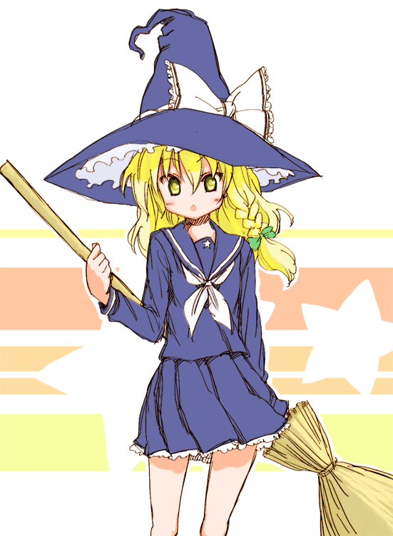mikami komata, mikami konu, kirisame marisa, touhou, 1girl, alternate costume, blonde hair, braid, broom, female focus, hat, school uniform, serafuku, skirt, solo, white background, witch, witch hat