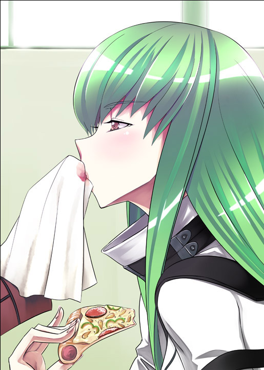 weshika, c.c., code geass, 00s, 1girl, food, green hair, pizza, pizza slice, profile, solo focus