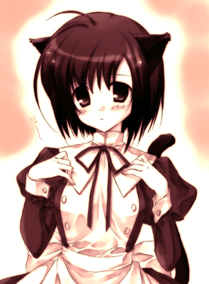 shouna mitsuishi, original, lowres, 1girl, ahoge, animal ears, blush, cat ears, cat tail, female focus, maid, nyan, puffy sleeves, short hair, solo, tail, upper body