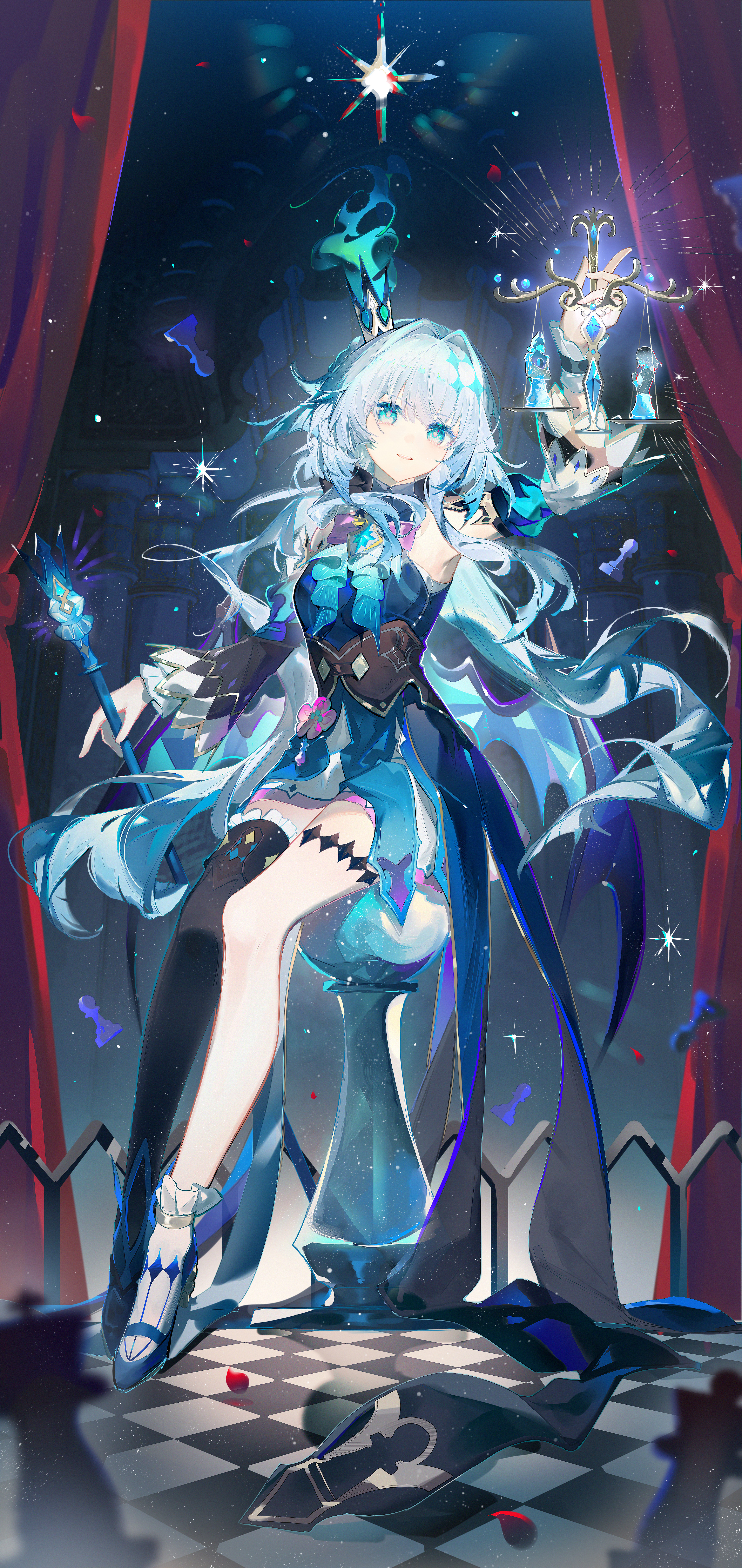 qianqianjie, cerydra (honkai: star rail), honkai: star rail, honkai (series), absurdres, highres, second-party source, 1girl, asymmetrical footwear, asymmetrical legwear, asymmetrical sleeves, black thighhighs, blue dress, blue hair, blue shoes, chess piece, crown, detached sleeves, dress, floating hair, full body, grey hair, holding, long hair, long sleeves, looking up, mini crown, mismatched footwear, mismatched legwear, mismatched sleeves, parted lips, shoes, sitting, smile, socks, solo, thighhighs, very long hair, white socks