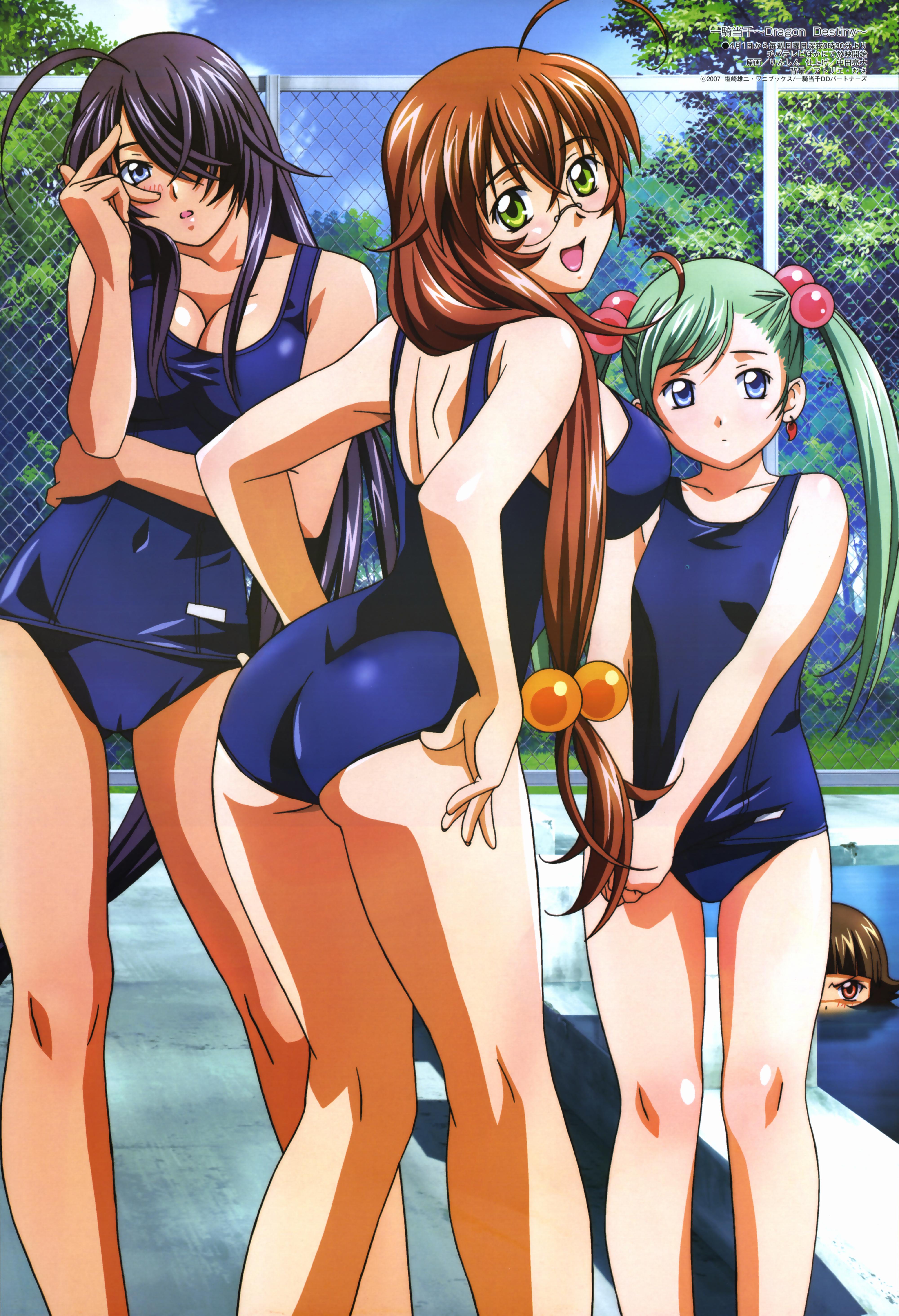 rin-sin, chouhi ekitoku, kan'u unchou, ryuubi gentoku, shokatsuryou koumei, ikkitousen, ikkitousen dragon destiny, megami magazine, looking away, absurdres, highres, magazine scan, official art, scan, 00s, 4girls, :d, :o, age difference, ahoge, angry, arched back, ass, black hair, blue eyes, blunt bangs, blush, breasts, brown hair, cameltoe, censored, chain-link fence, cleavage, cloud, convenient censoring, day, earrings, embarrassed, fence, flat chest, glasses, green eyes, green hair, hair between eyes, hair bobbles, hair ornament, hair over breasts, hair over one eye, head tilt, jewelry, kneepits, large breasts, legs, long hair, looking at viewer, looking back, low-tied long hair, magatama, magatama earrings, multiple girls, navel, one-piece swimsuit, open mouth, orange eyes, outdoors, pool, poolside, profile, school swimsuit, sideboob, sidelocks, sky, smile, standing, starting block, submerged, surprised, swept bangs, swimsuit, tan, taut clothes, taut swimsuit, tree, twintails, very long hair, water