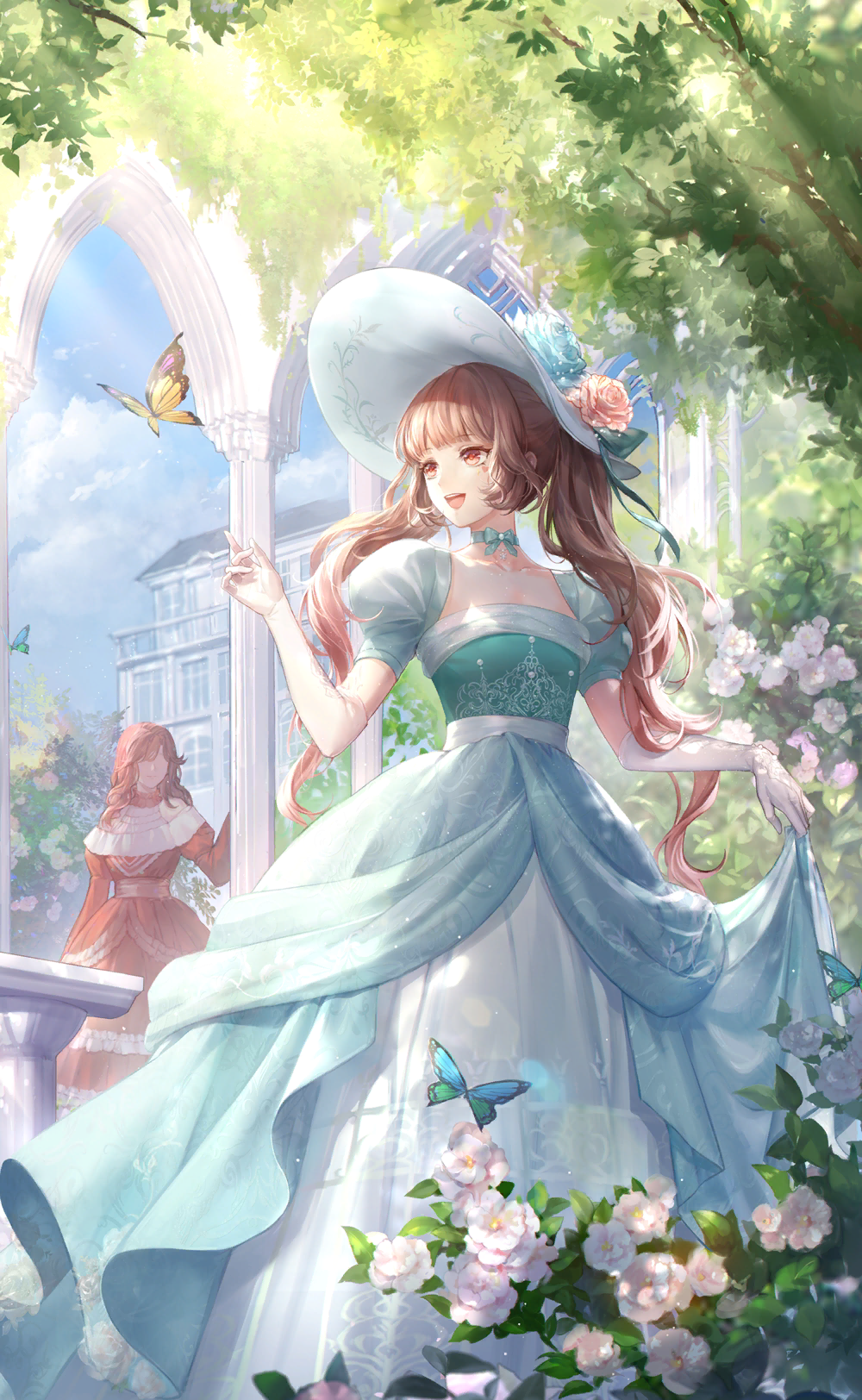 dodora, nikki (series), shining nikki, artist request, game cg, highres, official art, 2girls, aqua bow, aqua choker, arch, bare shoulders, blue butterfly, blue dress, blue flower, blue hat, blue sky, blunt bangs, bow, bow choker, breasts, brown hair, bug, bush, butterfly, choker, cleavage, cloud, dappled sunlight, day, dress, elbow gloves, eyelashes, faceless, faceless female, facial tattoo, feet out of frame, flower, frilled dress, frills, garden, gloves, gown, gradient hair, happy, hat, hat flower, heart, heart tattoo, insect, large hat, layered dress, leaf, long dress, long hair, looking at animal, mansion, morning dewsong (shining nikki), multicolored hair, multiple girls, off-shoulder dress, off shoulder, open mouth, outdoors, outstretched hand, peony (flower), pink flower, pink hair, puffy short sleeves, puffy sleeves, red dress, red eyes, short sleeves, skirt hold, sky, smile, solo focus, square neckline, sun hat, sunlight, tattoo, teeth, tree, two-tone hair, upper teeth only, wavy hair, white dress, white gloves, yellow butterfly