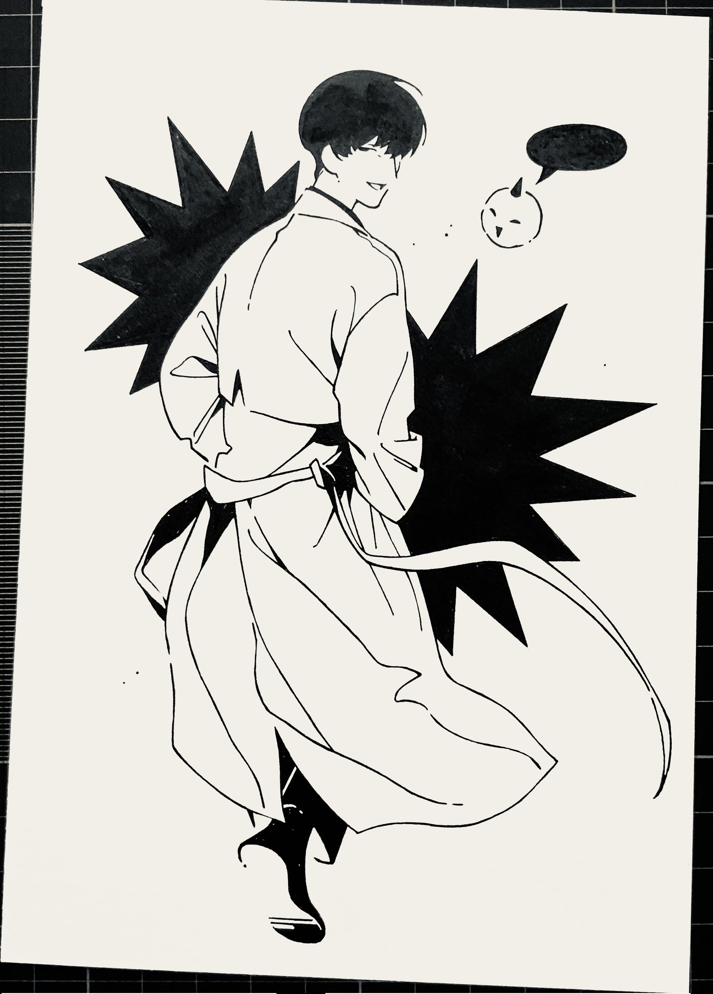 biyoo (omniscient reader's viewpoint), dokkaebi, kim dokja, omniscient reader's viewpoint, highres, photo (medium), traditional media, 1boy, 1other, benkdjjituibot, black hair, blank speech bubble, coat, from behind, full body, hands in pockets, looking at viewer, looking back, male focus, open clothes, open coat, popped collar, short hair, speech bubble, white coat