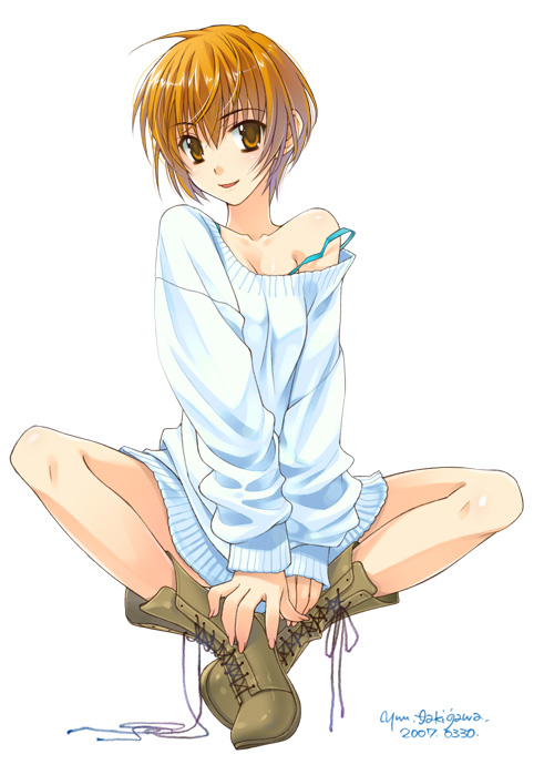 takigawa yuu, you, tanaka yubiseiharukana, ever 17, official art, 1girl, :d, ahoge, bare shoulders, blonde hair, blue bra, blush, boots, bottomless, bra, breasts, brown hair, cleavage, female focus, full body, legs, lingerie, medium breasts, off shoulder, open mouth, orange eyes, orange hair, oversized clothes, short hair, signature, simple background, sitting, smile, solo, spread legs, strap slip, sweater, underwear, yellow eyes