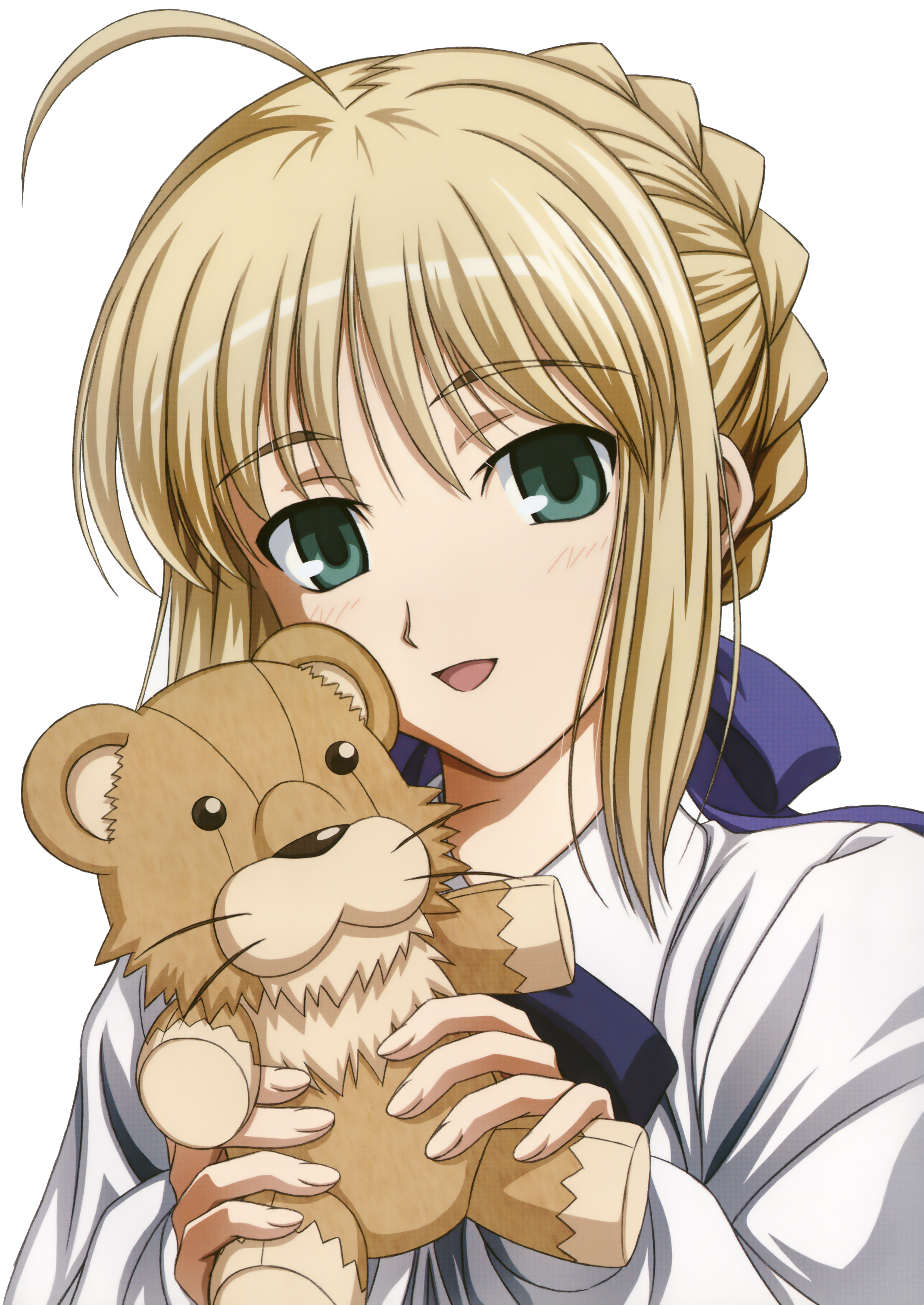ishihara megumi, artoria pendragon (fate), saber (fate), fate/stay night, fate (series), megami magazine, absurdres, highres, non-web source, official art, scan, 00s, 1girl, :d, ahoge, aqua eyes, blonde hair, blouse, blush, bow, close-up, female focus, hair between eyes, hair bow, hair bun, happy, holding, looking at viewer, open mouth, shirt, short hair, sidelocks, simple background, single hair bun, smile, solo, stuffed animal, stuffed lion, stuffed toy, upper body, white background