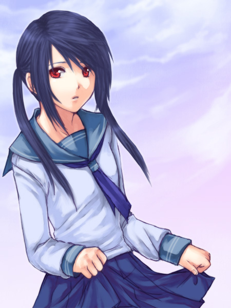 usashiro mani, original, 1girl, ascot, blue hair, cloud, cloudy sky, female focus, long sleeves, looking at viewer, parted lips, red eyes, school uniform, serafuku, skirt, skirt hold, sky, solo, swept bangs, twintails