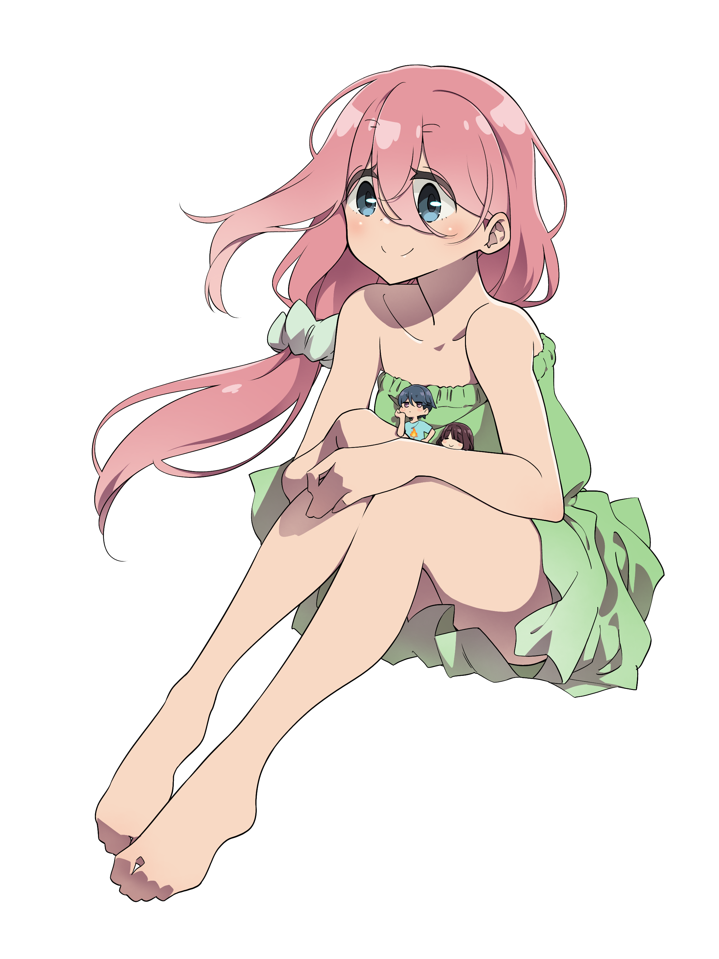 yas (yosiyasuyasu), kagamihara nadeshiko, shima rin, toki ayano, yurucamp, absurdres, highres, 3girls, barefoot, blue eyes, blue hair, brown hair, long hair, mini person, minigirl, multiple girls, pink hair, short hair, smile, white background