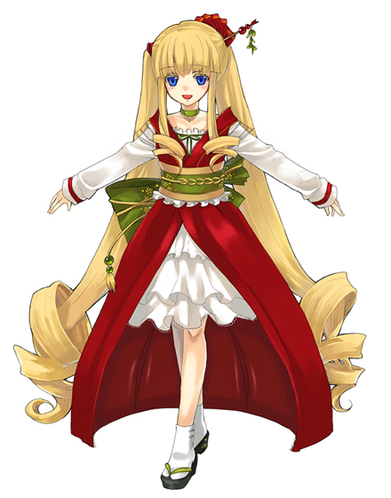 loo, shinku, rozen maiden, 00s, 1girl, alternate costume, blonde hair, blue eyes, collarbone, dress, female focus, geta, long hair, long sleeves, looking at viewer, outstretched arms, red dress, sandals, sash, sidelocks, simple background, socks, solo, standing, tabi, very long hair, white background, white socks, zouri