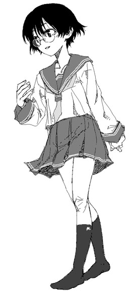 satou atsuki, original, feet, glasses, greyscale, monochrome, school uniform, serafuku, sketch, socks, solo