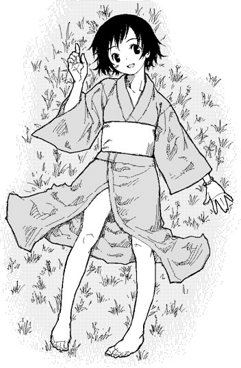 satou atsuki, original, barefoot, feet, greyscale, japanese clothes, kimono, monochrome, solo