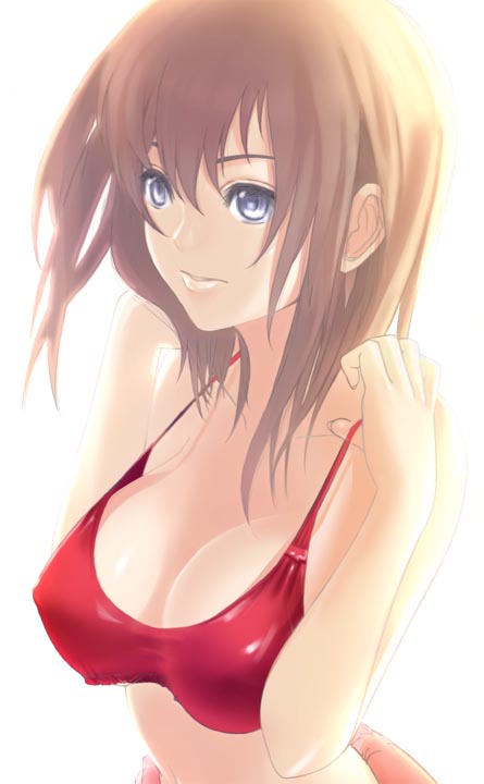 akitama, original, 1girl, bikini, bikini top only, blue eyes, breasts, brown hair, cleavage, covered erect nipples, female focus, large breasts, red bikini, solo, swimsuit
