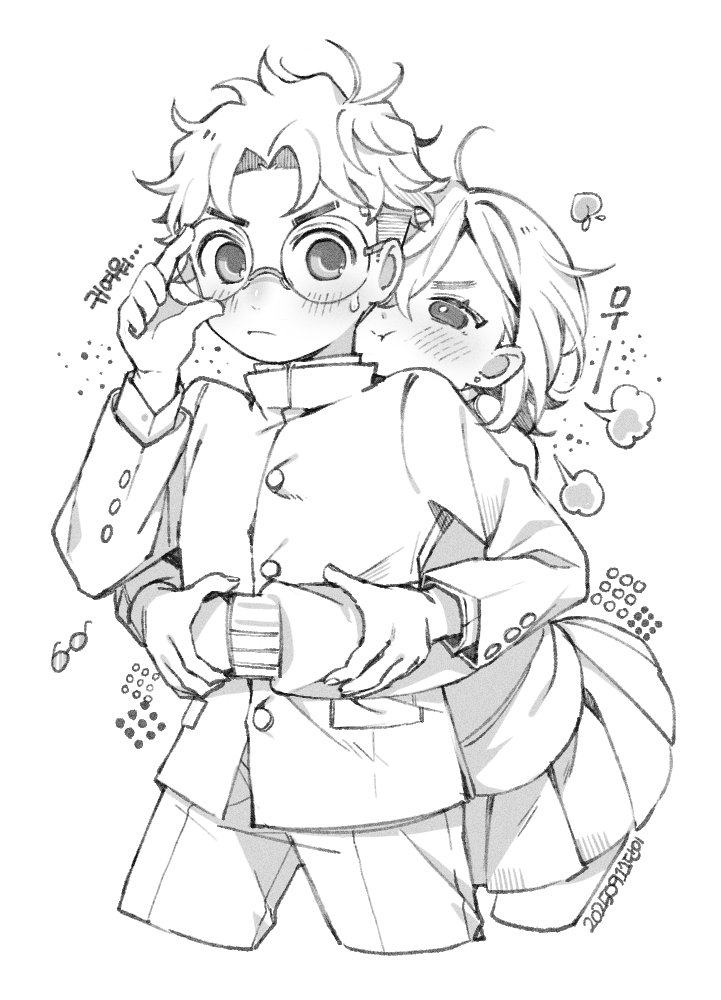 comimingming, ayase momo, takakura ken (dandadan), dandadan, commentary request, korean commentary, 1boy, 1girl, adjusting eyewear, arms around waist, blush, closed mouth, cowboy shot, cropped legs, earrings, food, fruit, gakuran, glasses, hair behind ear, hug, hug from behind, jewelry, kami high school uniform, long sleeves, miniskirt, monochrome, peach, pleated skirt, pout, round eyewear, school uniform, short hair, simple background, skirt, sweatdrop, sweater, white background