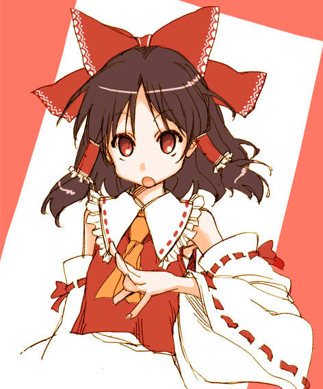 mikami komata, mikami konu, hakurei reimu, touhou, 1girl, bow, brown hair, detached sleeves, female focus, floating hair, hair bow, looking at viewer, open mouth, red eyes, short hair, sidelocks, solo