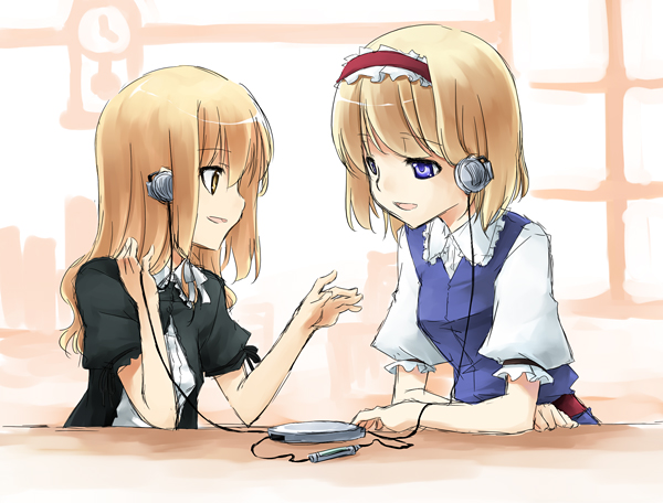 sakuraba yuuki, alice margatroid, kirisame marisa, touhou, 2girls, blonde hair, cd player, cd walkman, clock, collared shirt, earphones, female focus, frilled hairband, frilled shirt collar, frills, hairband, headphones, indoors, lolita hairband, long hair, multiple girls, no headwear, partially colored, puffy short sleeves, puffy sleeves, red hairband, shared earphones, shirt, short hair, short sleeves, upper body, white shirt