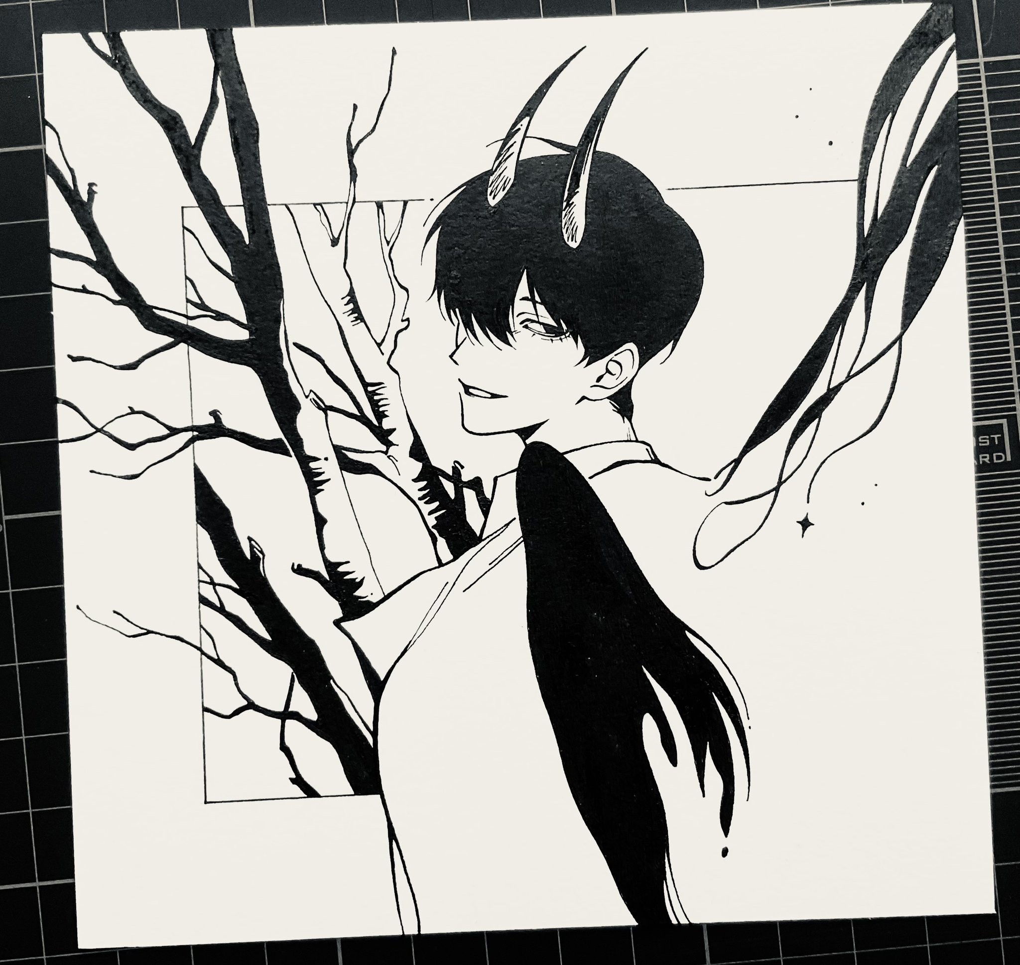 kim dokja, omniscient reader's viewpoint, highres, photo (medium), 1boy, :d, bare tree, benkdjjituibot, black eyes, black hair, black wings, coat, demon horns, full body, grin, hair over one eye, horns, looking at viewer, looking back, male focus, official alternate costume, open clothes, open coat, open mouth, popped collar, short hair, smile, solo, tree, upper body, white coat, wings