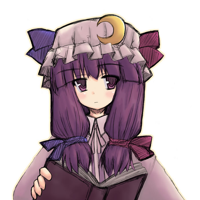kurousou, patchouli knowledge, touhou, striped, 1girl, blue ribbon, book, crescent, crescent hair ornament, female focus, hair ornament, hair ribbon, hat, long hair, mob cap, purple eyes, purple hair, red ribbon, ribbon, simple background, sketch, solo, upper body, vertical stripes, white background