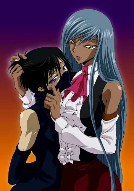 iyou, yukkyun, lelouch vi britannia, villetta nu, code geass, silver hair, 00s, 1boy, 1girl, black hair, dark-skinned female, dark-skinned male, dark skin, detached sleeves, frills, hetero, hug, lipstick, long hair, makeup, purple eyes, very long hair, yellow eyes
