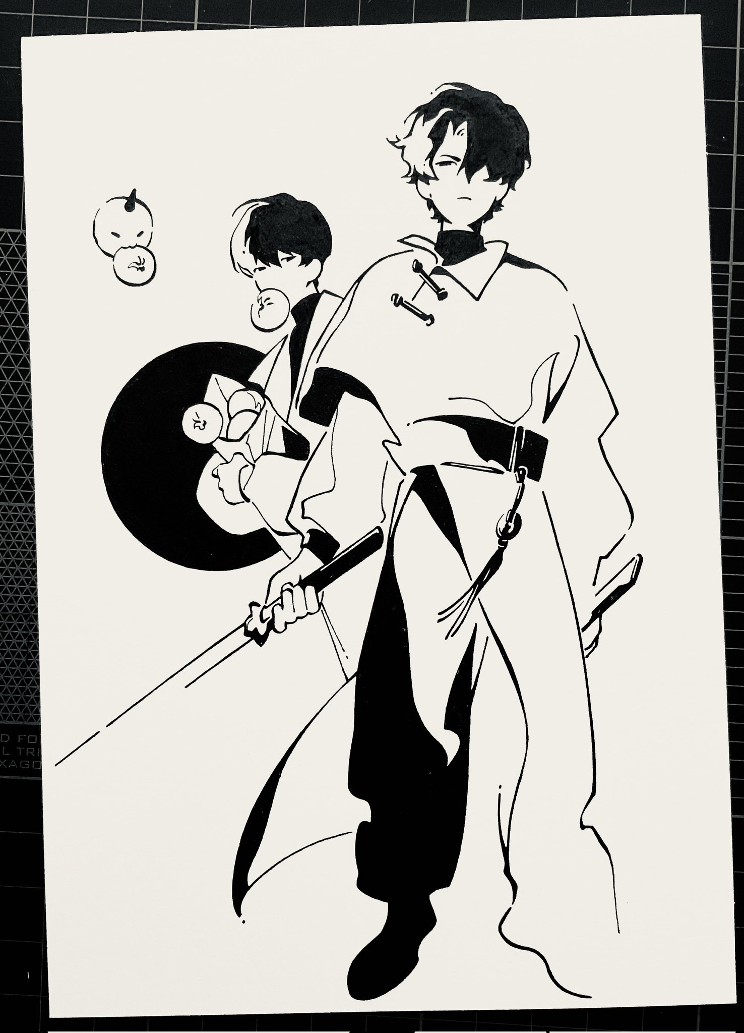 biyoo (omniscient reader's viewpoint), kim dokja, yoo joonghyuk, omniscient reader's viewpoint, highres, 2boys, apple, bag, baggy pants, belt, benkdjjituibot, black eyes, black hair, black shirt, cape, coat, eating, food, food in mouth, fruit, full body, hair over one eye, holding, holding bag, holding sword, holding weapon, looking at viewer, male focus, multiple boys, pants, popped collar, serious, shirt, short hair, standing, sword, tassel, tunic, weapon, white coat, white tunic